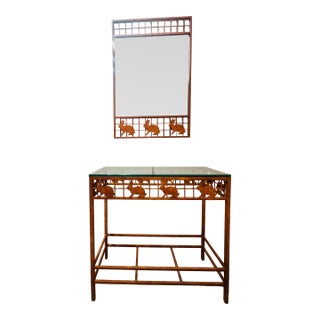 Late 20th Century Wrought Iron & Glass Console Table and Matching Mirror Set For Sale