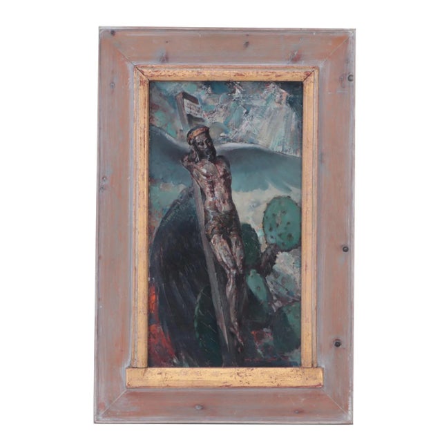Wood Arthur Meltzer (American 1893-1989) "Antique Crucifix" Oil Painting on Masonite and Housed in a Housed in a Custom Frederick Harer Frame For Sale - Image 7 of 7