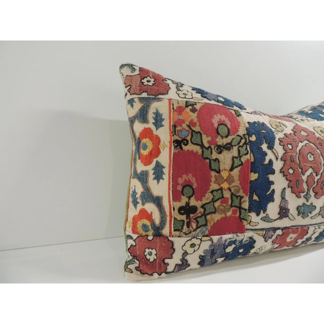 Boho Chic Antique Unique Suzani Embroidery Patchwork Decorative Lumbar Pillow For Sale - Image 3 of 5