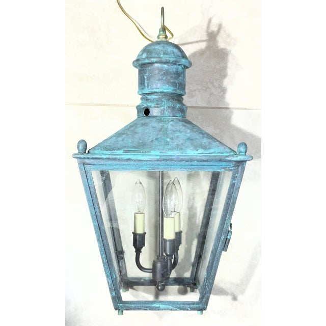 Vintage Solid Copper and Brass Hanging Lantern / 12”x 12”x 23” High For Sale - Image 9 of 17