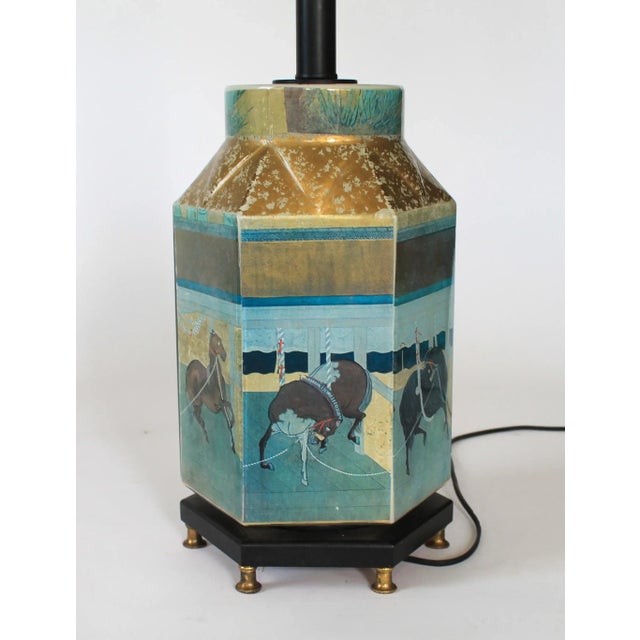 Wood Late 20th Century Reverse Painted Hexagonal Tang Horse Table Lamp For Sale - Image 7 of 13