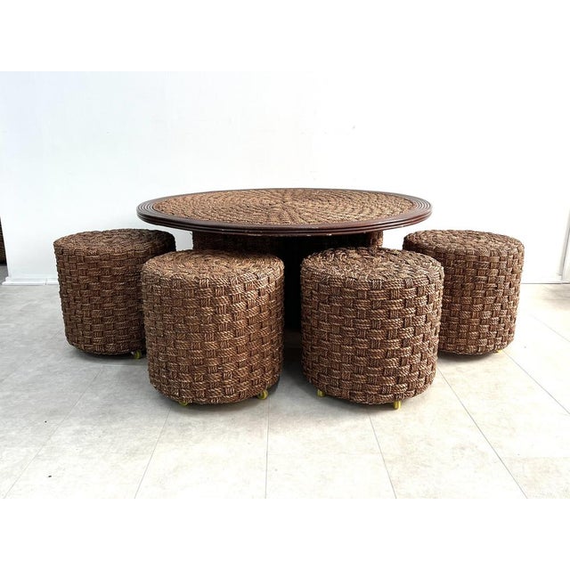 Brown Rattan and Woven Cane Coffee Table and Stools in the style of Audoux Minet, France, 1950s, Set of 5 For Sale - Image 8 of 9