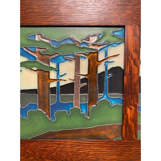 Arts & Crafts Motawi Tileworks Tile Triptych "Pine Landscape" in Dard Hunter Oak Frame For Sale - Image 3 of 13
