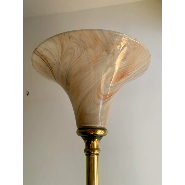 Metal 1970s Brass Floor Torchiere Marbled Shade For Sale - Image 7 of 7