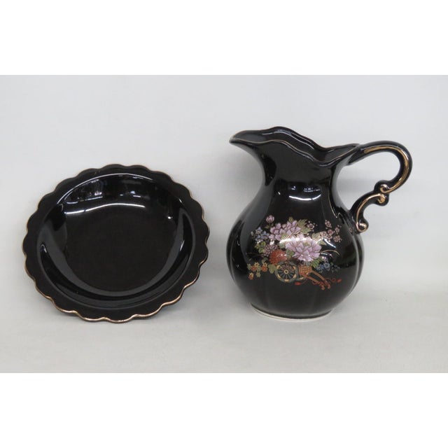Ceramic Pitcher With Matching Underplate 2pc Set Black With Gold Gilt Trim 5029b For Sale - Image 4 of 12