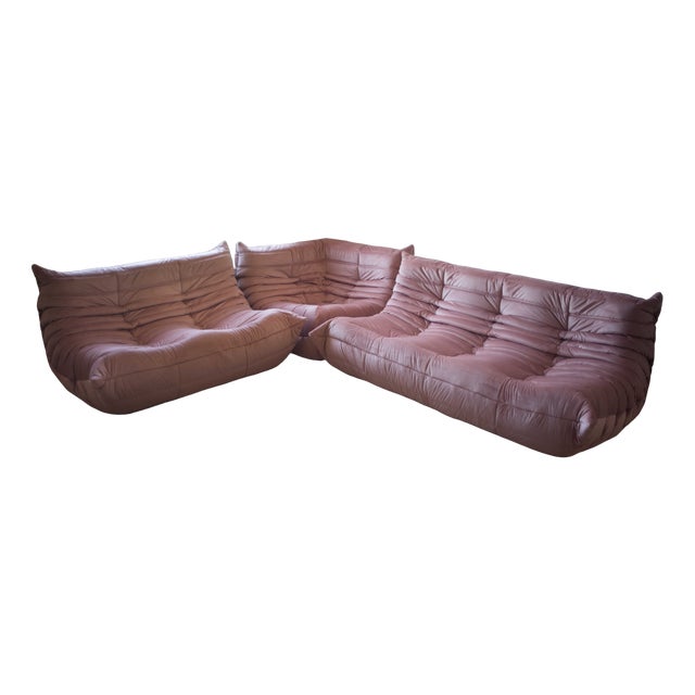 Pearl Pink Velvet Togo Corner Chair, 2- and 3-Seat Sofa by Michel Ducaroy for Ligne Roset, 1979, Set of 3 For Sale