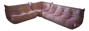 Pearl Pink Velvet Togo Corner Chair, 2- and 3-Seat Sofa by Michel Ducaroy for Ligne Roset, 1979, Set of 3