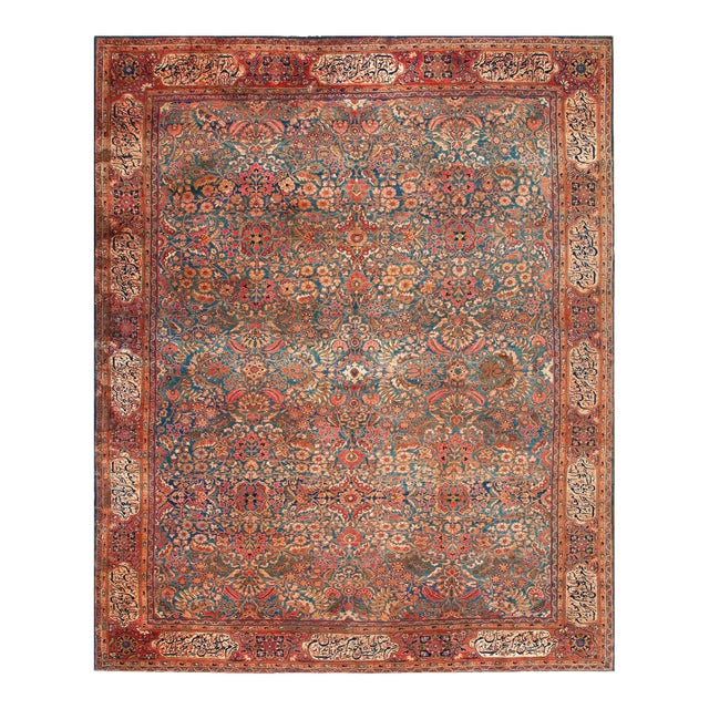 Wonderful Blue Color Background Fine Sarouk Farahan Style Antique Persian Rug For Sale