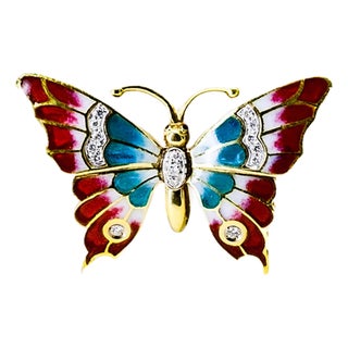 Late 20th Century 18K Plique De Jour Butterfly Brooch For Sale