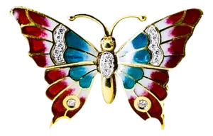 Late 20th Century 18K Plique De Jour Butterfly Brooch
