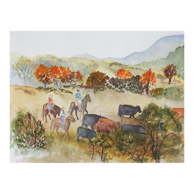 Late 20th Century Cowboys Herding Cattle Watercolor Painting For Sale