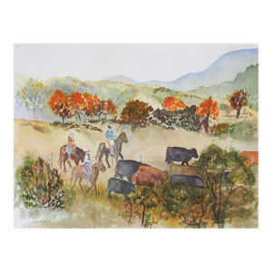 Late 20th Century Cowboys Herding Cattle Watercolor Painting
