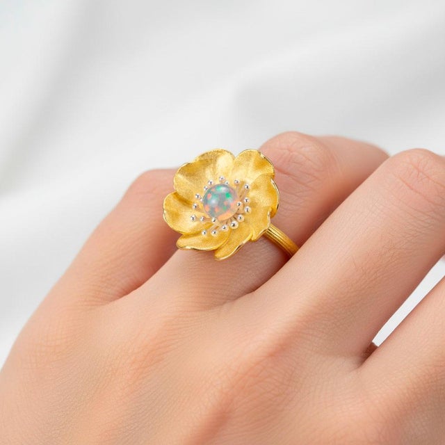 Peony flower ring with opal. Silver flower ring with opal. Opal cabochon ring. Nature inspired jewelry. Metal: 925 silver...