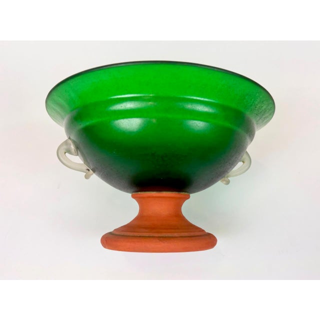Mid-Century Modern Emerald Green Frosted Glass and Terracota Pedestal Bowl, 1950s For Sale - Image 9 of 13
