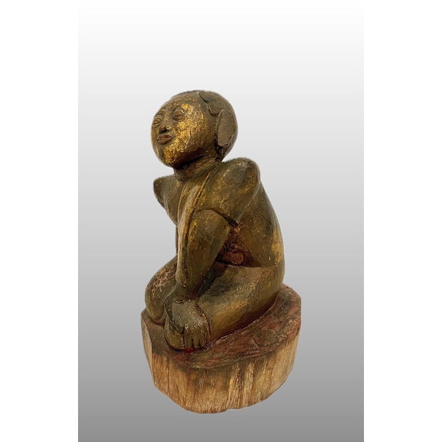 Late 19th Century Antique Wood Hand Carved Burmese Monk Figure With Gilding For Sale - Image 4 of 12