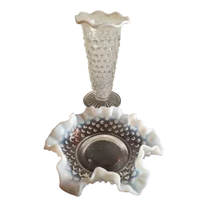 1960s Fenton White Hobnail Opalescent Ruffled Bowl & Bud Vase Set - 2 Pieces