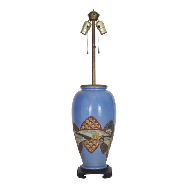 Antique Blue Satsuma Pottery Chinoiserie Lamp For Sale