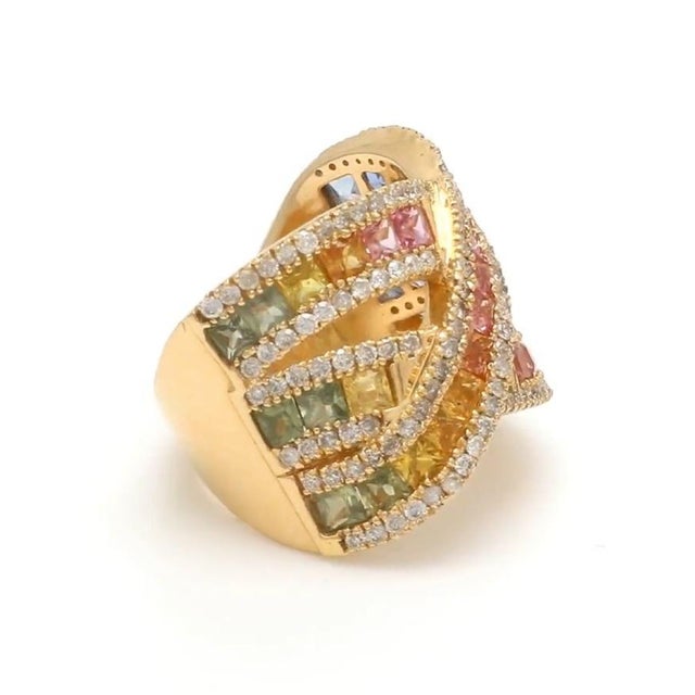 Natural 6.29 cts multi sapphire with 1.13 cts diamond ring in 18k gold For Sale - Image 11 of 18