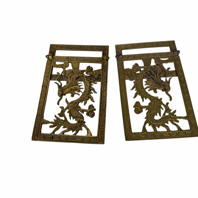 Vintage Mid Century Chinoiserie Brass Dragon Bookends For Sale - Image 4 of 6