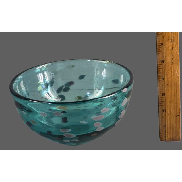 Vintage Lenox Hand Blown Art Glass Teal Retro Fleck Splatter Bowl For Sale - Image 6 of 7