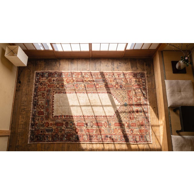 1870s Ivory Geometric Tribal Antique Turkish Oushak Ghiordes Prayer Rug 3'6" X 6'4" Handknotted Wool Carpet For Sale - Image 9 of 9