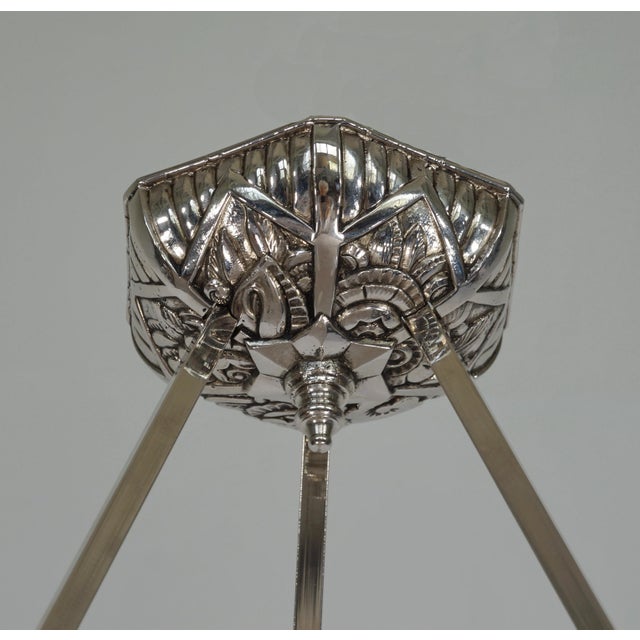 Silver Muller Freres French Art Deco Etched Glass Pendant Light 1930s For Sale - Image 8 of 11