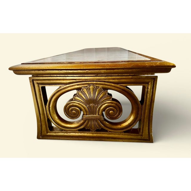 1960s Vintage 1960s Gold Gilt Wood and Calacatta Marble Neoclassical Sled Coffee Table With Carved Fleur-De-Lis Design For Sale - Image 5 of 14