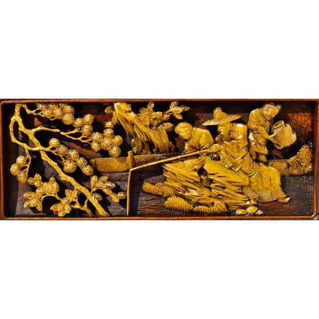 Antique Chinese Carved Teak Fiqural Plaque W/Gold For Sale In Philadelphia - Image 6 of 12