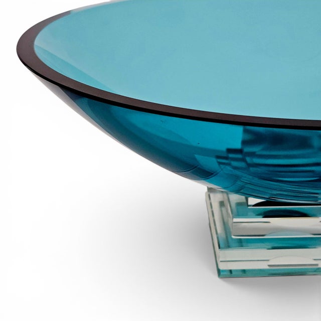 Stephen Schlanser Signed Eclipse Bowl Aqua Art Glass Centerpiece 16", 1992 For Sale In San Francisco - Image 6 of 15