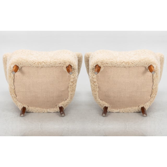 Wood 1940s Swedish Lounge Chairs Sheepskin Birch Pair For Sale - Image 7 of 7