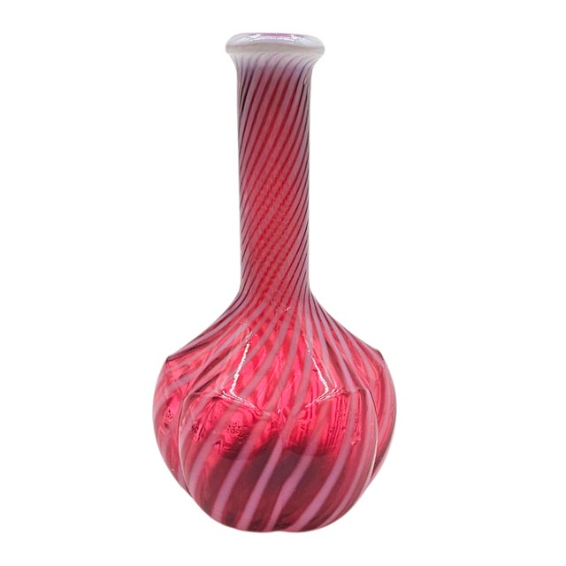 Traditional Fenton Cranberry & White Striped Optic Glass Barber Bottle Vase – Vintage Handblown Art For Sale - Image 3 of 8