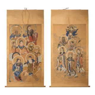 Large 72" Ming Dynasty Scrolls of Gods - Pair | Gilt & Ink on Paper | 16th C. - A Pair For Sale