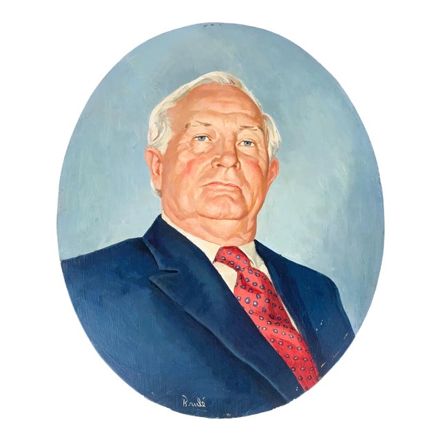 Vintage Original Oil Painting Older Man Suit Tie Portrait Elmo Al Brule For Sale