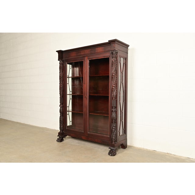 Victorian R. J. Horner Style Antique American Empire Flame Mahogany Glass Front Bookcase Cabinet, Circa 1890s For Sale - Image 3 of 13