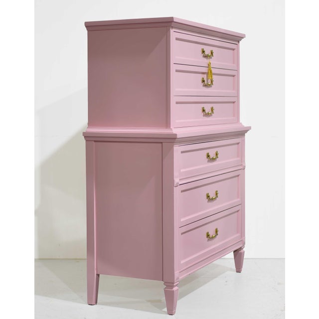 Mid Century Transitional Highboy Dresser by Dixie Furniture in Pink - Newly Painted For Sale In Chicago - Image 6 of 14