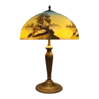 Arts & Crafts Phoenix Reverse Painted Landscape Lamp C1920 For Sale