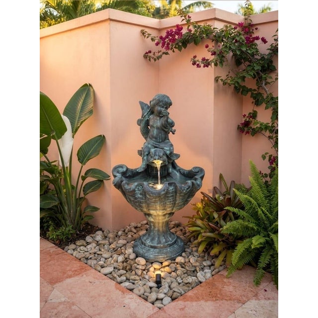 Vintage Neoclassical Bronze Cherub Riding Dolphin Shell Basin Fountain For Sale - Image 12 of 12