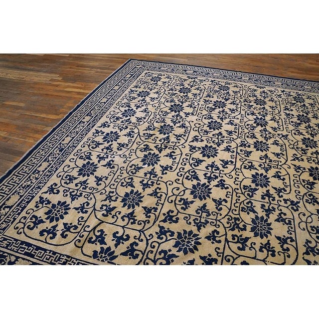 Ivory 1890s Ivory Background Geometric Blue Floral Design Antique Chinese Peking Rug For Sale - Image 8 of 8