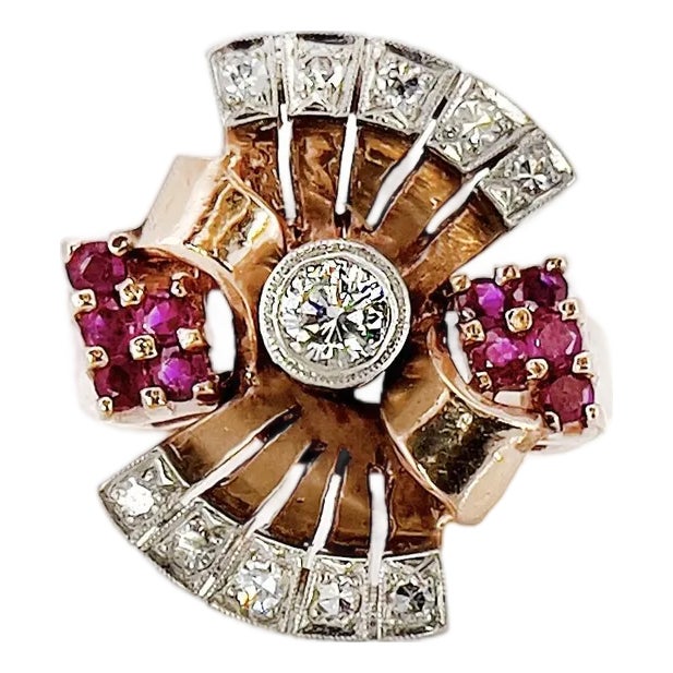 1940s Retro 14k Rose Gold Diamond and Ruby Ring, Size 8.25 For Sale