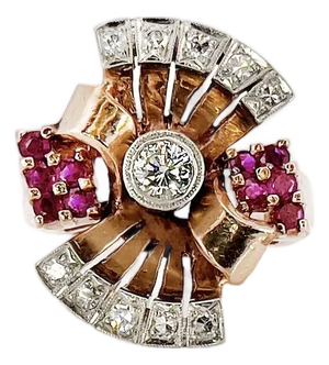 1940s Retro 14k Rose Gold Diamond and Ruby Ring, Size 8.25