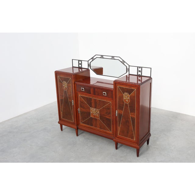Wood Art Deco Marquetry Cabinet with Wrought Iron Mirror Crest, Belgium, 1920s For Sale - Image 7 of 17