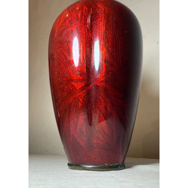 Antique Japanese Ginbari Red Foil Enamel Bird Bamboo Bronze Guilloche Vase Asian For Sale - Image 4 of 18