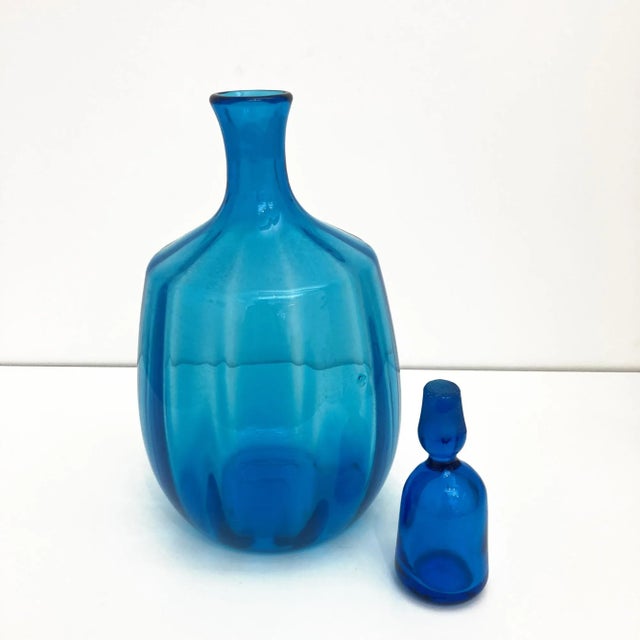Mid-Century Modern Vintage Blenko Glass, 1960s Blue Blenko Ribbed Decanter Design by John Nickerson For Sale - Image 3 of 9