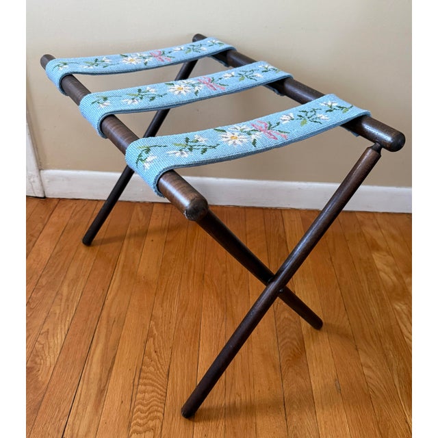 Blue Mid 20th Century Needlepoint Wood Luggage or Serving Tray Rack Stand For Sale - Image 8 of 8