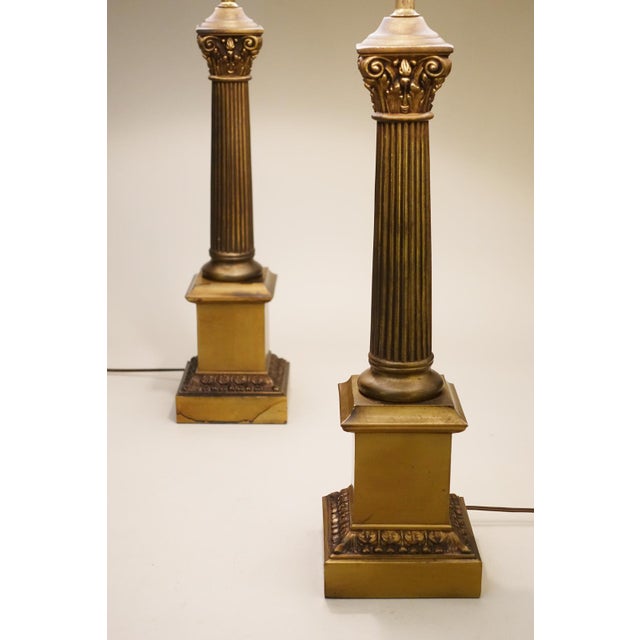 Large Pair Westwood Neoclassical Hollywood Regency Corinthan Column Bronzed Brass Table Lamps 1960's Tony Paul For Sale In Los Angeles - Image 6 of 10