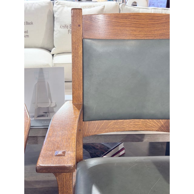Wood Late 20th Century Pair of Stickley Mission Oak Leather Cottage Arm Chairs For Sale - Image 7 of 10