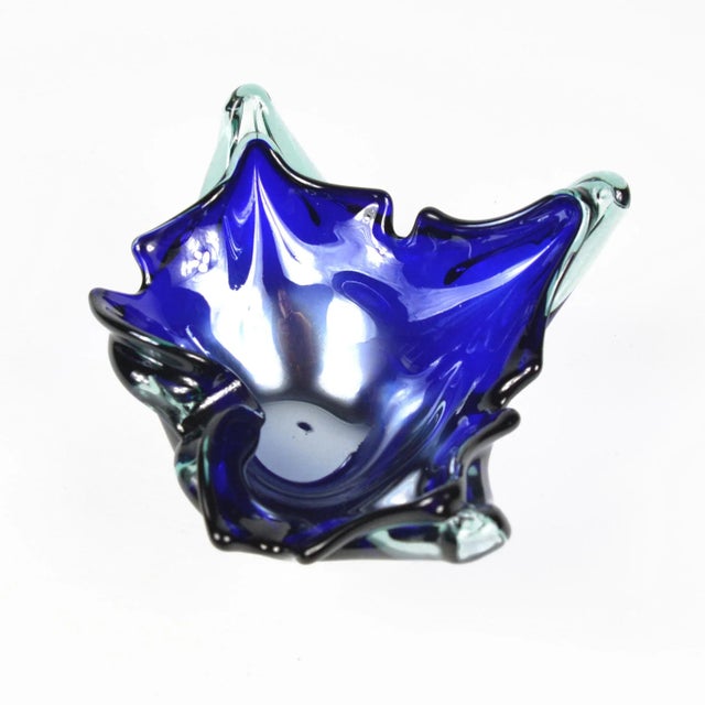 Handcrafted cobalt laminated glass ashtray. Maple leaf ashtray with clear glass cut-off. It was produced on the Venetian...