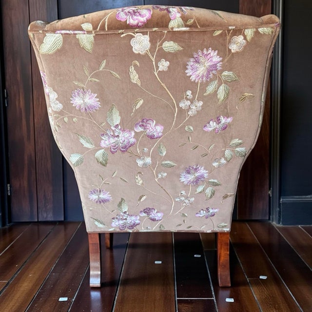 1990s Vintage Custom Traditional English Cottage French Import Floral Velvet Armchair For Sale - Image 5 of 6