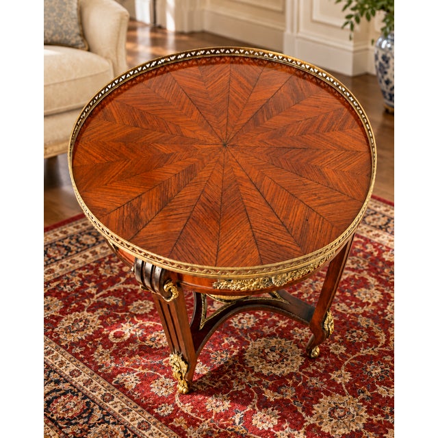 Old World Elegance | Antique French-Style Marquetry Guéridon Table with Brass Mounts and Decorative Basket. A Touch of...