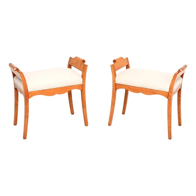 Antique Biedermeier Swedish Satin Birch Stools, 1880s, Set of 2 For Sale